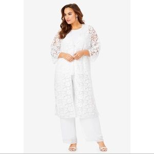 White Three-Piece Lace Duster & Pant Suit